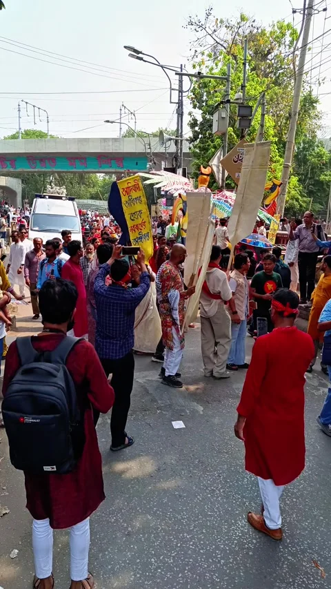 Large Crowd with Banners in Bengali New Year Street Procession in Dhaka Stock Footage 314900399