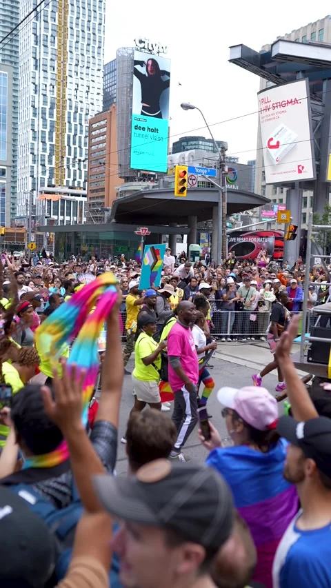 Large Crowd Celebrating Pride Parade at Yonge Dundas Square Toronto Video stock 332018097