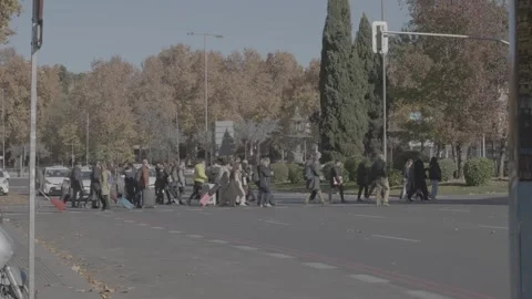 A large crowd crossing the main street in Madrid, Spain Stock-Footage 345028870
