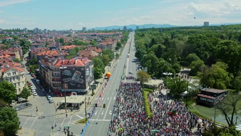 Large crowd of cyclists gathered before Giro d Italia event in Sofia Bulgaria 스톡 동영상 335069653