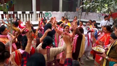 Large Crowd of Devotee's Dancing in a Krishna Temple in Vrindavan Mathura Stock Footage 131469843