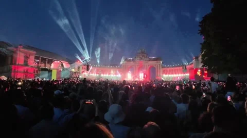 Large Crowd Gathered before Illuminated Cinquantenaire Arch during Belgian Stock-Footage 341074382