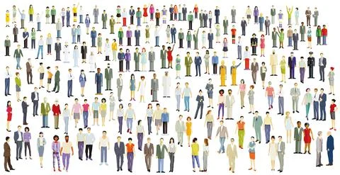 Large crowd, group of people isolated on white, illustration Stock Illustration