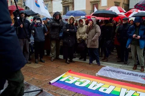 A large crowd listens to a speech during a rally against salvini's politics Stock Photos