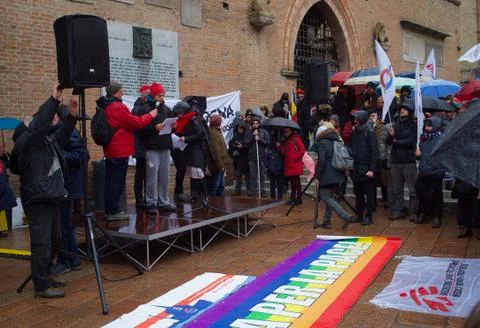 A large crowd listens to a speech during a rally against salvini's politics Stock Photos