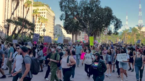 Large Crowd Marches Through Downtown Los Angeles to protest Abortion Rights Stock Footage 198472681