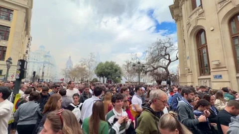 Large crowd of people walking after Mascletás in Valencia, Spain Stock Footage 332737024