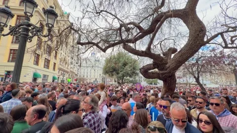 Large crowd of people walking after Mascletás in Valencia, Spain Stock Footage 332737084
