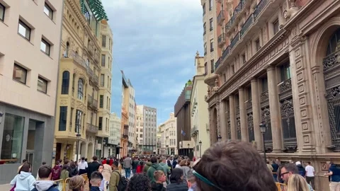 Large crowd of people walking after Mascletás in Valencia, Spain Stock Footage 332737169