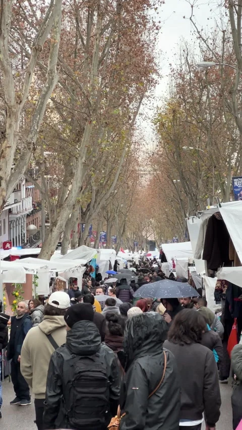 Large crowd of people walking through a busy outdoor street market Stock Footage 337068431