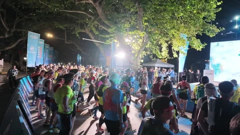 Large Crowd of Runners Assembled Behind Barriers on Tree Lined Avenue, Lushan Stock Footage 346715872