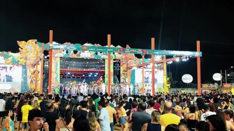 Large crowd at the Sao main stage at night in Sao Luis Brazil 스톡 동영상 348182429