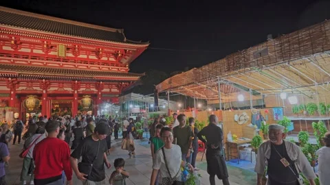 Large Crowd on Temple Grounds Beside Market Stalls, Tokyo Night Festival 動画素材 342710248