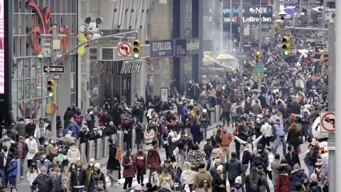Large crowd on Times Square in NYC after Thanksgiving Parade in Manhattan Stock Footage 200778213