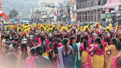Large Crowd of Women Carrying Sacred Pots During Festival Stock Footage 327961663