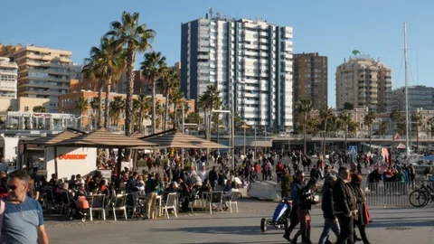 Large crowded promenade with palm trees and buildings in the background. Stock Footage 122219893