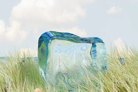 Large cube ice lying in a grassy field under a cloudy sky. Illustrazione stock