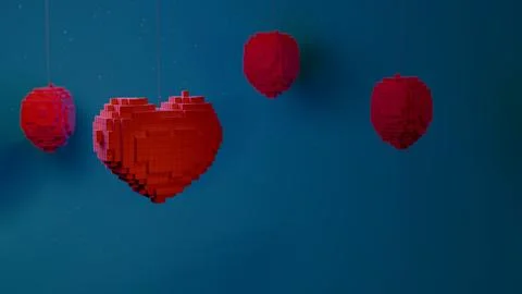 A large cubic red heart hangs in front while multiple cubic spheres appear .. Stock Illustration