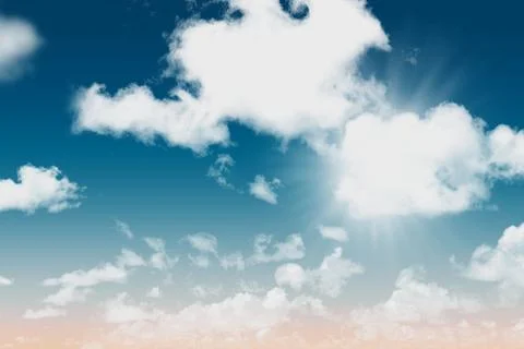 Large cumulus cloud is floating and casting sun rays over flat design sky with Stock Photos
