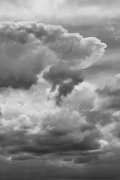 Large cumulus clouds in sunlight black and white photo, vertical shot Stock Photos