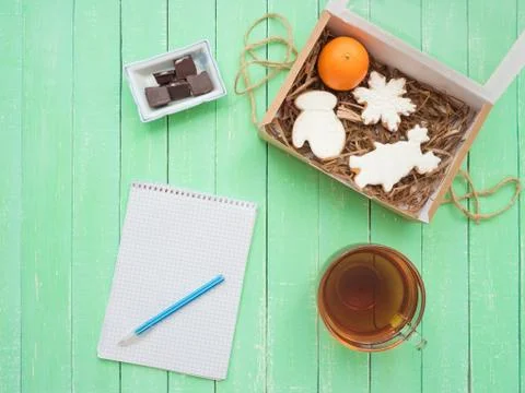 Large cup of black tea, chocolate and gingerbread with Stock Photos