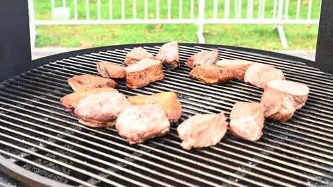 Large cuts of beef are cooked on rotating outdoor grill. Street food concept Stock Footage 162044617