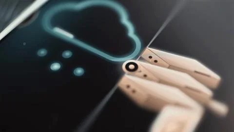 Large cyan cloud and three pale server modules share a tightly framed panel 库存照片