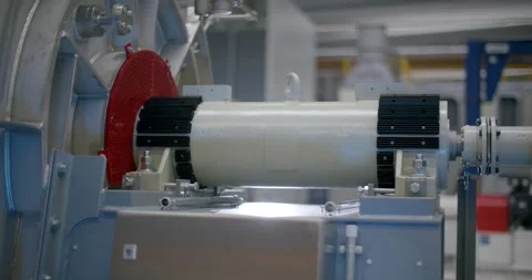 Large Cylindrical Machine with Red Guard, Manufacturing Plant, Close Up Shot Stock Footage 340353201