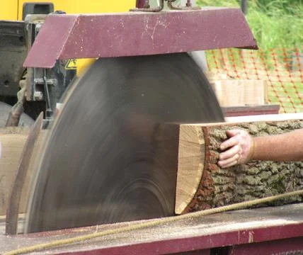 A large dangerous looking circular saw cutting wood Stock Photos