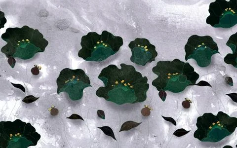 Large dark green leaves with yellow flowers on a gray grunge background Stock Illustration