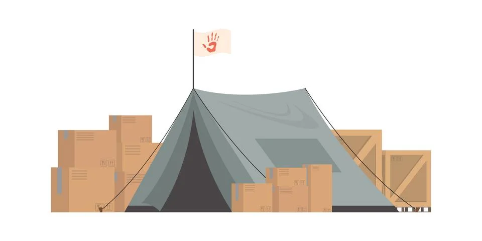 Large dark green tent with boxes. Camp element for humanitarian aid. isolated Stock Illustration