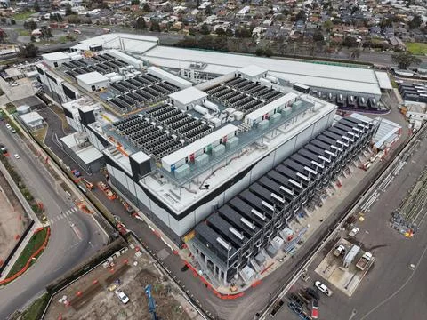 Large data center building processing big data operations Stock Photos