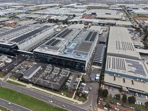Large data center complex overview with solar energy panels Stock Photos