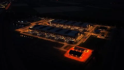 Large data center with cooling towers at night Stock Footage 340350045