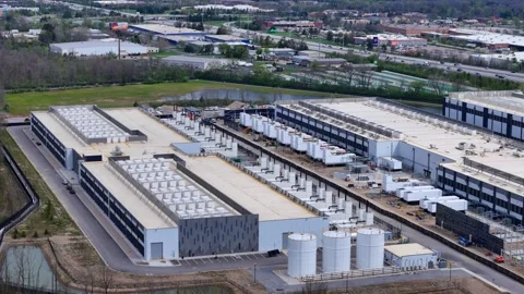 Large data center facility handling vast amounts of data storage and cloud Stock Footage 336807167