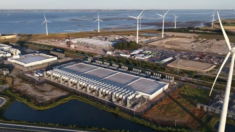 Large data center operating with renewable wind energy Stock Footage 346534968