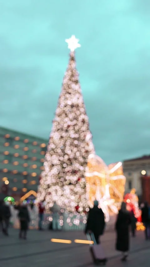 Large decorated Christmas tree on city square market at winter day Stock Footage 342242035