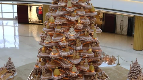 A large decorations of Christmas tree at a shopping mall in Shanghai Stock Footage 295932404