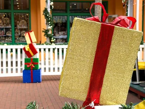 Large Decorative Christmas Gift Boxes in Town Center Display Stock Photos