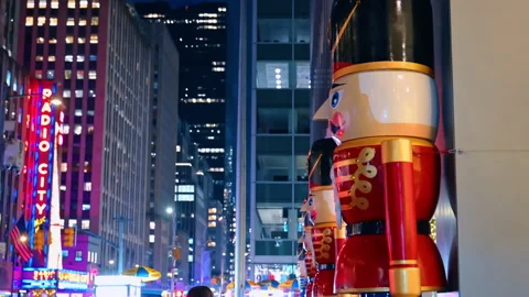 Large decorative figures of nutcracker soldiers at the facade of the building. Stock Footage 323308729