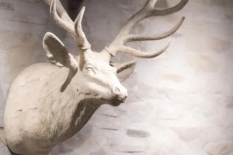 A large deer statue on a white wall in the restaurant Stock Photos