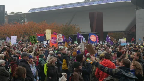 Large demonstration at Museumplein after Climate March. Amsterdam, Netherlands. Stock Footage 258043139