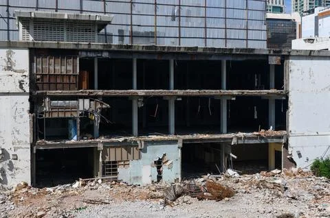 Large destroyed building with broken Stock Photos