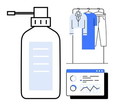 Large detergent bottle next to hanging clothes and data dashboard screen with Stock Illustration