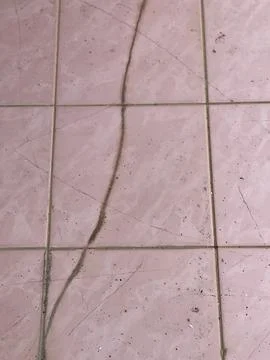 Large Diagonal Crack on Pink Ceramic Tile Floor Foto stock