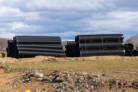 Large diameter plastic sewer pipes Stock Photos