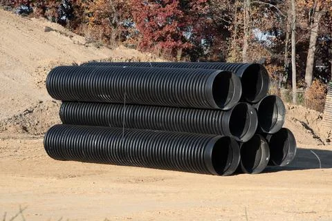 Large diameter plastic sewer pipes Stock Photos