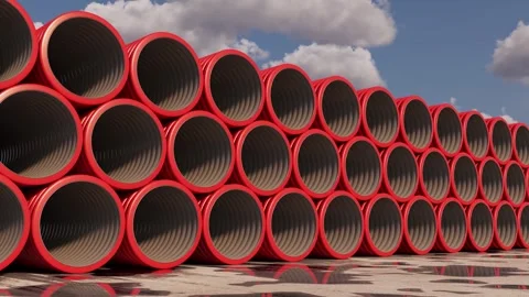 Large-diameter red pipes are stacked in an open-air site. Time lapse. 3D render. Stock Footage 287598059