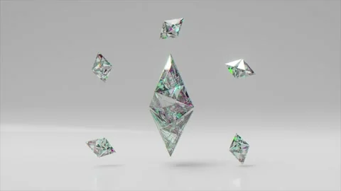 A large diamond Ethereum rotates surrounded by small Ethereums. Logo Stock Footage 172505551
