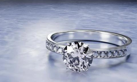 The large diamond is surrounded by many diamonds on the ring made of platinum Stock Illustration